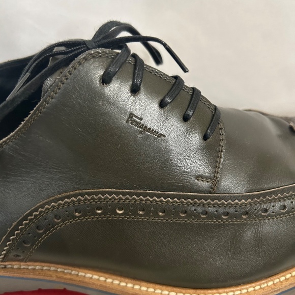 Salvatore Ferragamo Dark Olive Green Wingtip Lug Oxford Lace Shoes main image 5